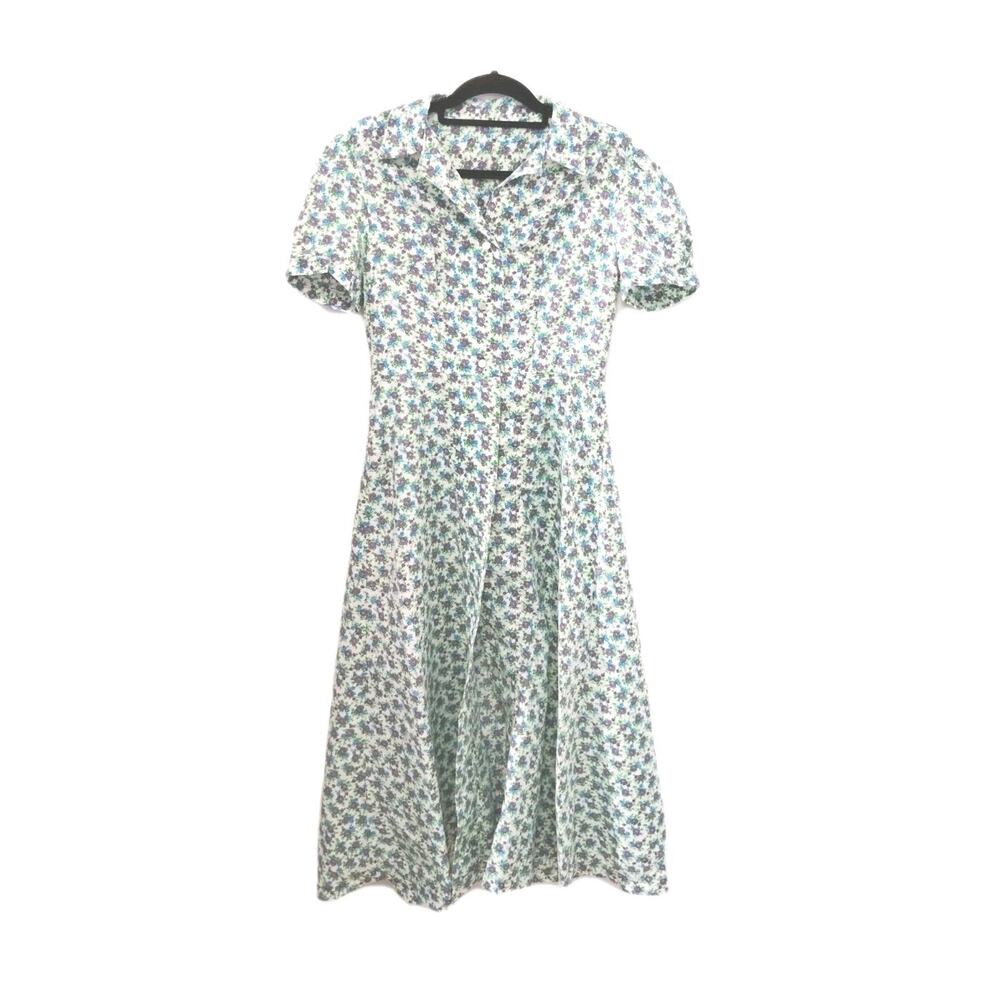 Hand-Made Button Down Dress M Floral Purple Green Blue Cottage Core